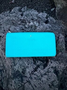 Lanvin en Bleu Turquoise Zip Around Wallet Pink Interior Leather